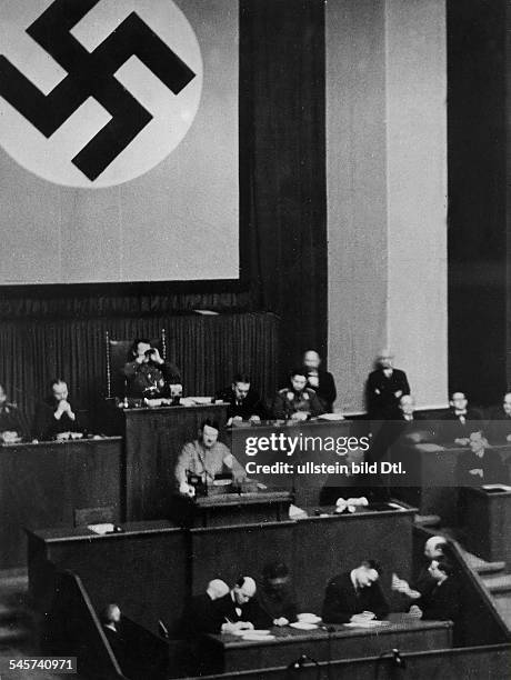 Germany, Third Reich , sittings of parliament: Enabling act Adolf Hitler's address to the Reichstag. . Berlin, Kroll-opera. Behind president of...