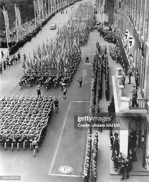 Germany, Third Reich - Nuremberg Rally 1938 Columns of the Hitler Youth marching past Hitler in Nuremberg;