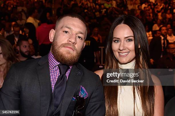 Featherweight champion Conor McGregor and girlfriend Dee Devlin in attendance during the UFC 200 event on July 9, 2016 at T-Mobile Arena in Las...