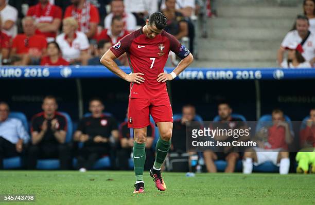 Cristiano Ronaldo of Portugal reacts during the UEFA Euro 2016 quarter final match between Poland and Portugal at Stade Velodrome on June 30, 2016 in...