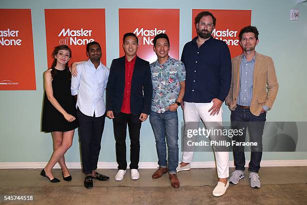 Noel Wells, Aziz Ansari, Alan Yang, Kelvin Yu, Eric Wareheim, and Adam Scott attend the FYC @ UCB for "Master of None" at UCB Sunset Theater on July...