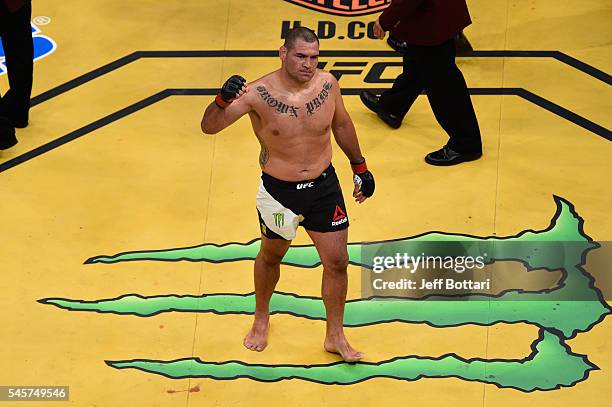 Cain Velasquez reacts to his victory over Travis Browne during the UFC 200 event on July 9, 2016 at T-Mobile Arena in Las Vegas, Nevada.