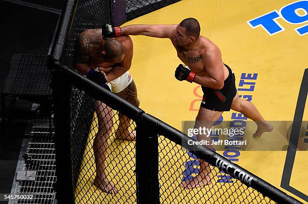 An overhead view of the Octagon as Cain Velasquez punches Travis Browne during the UFC 200 event on July 9, 2016 at T-Mobile Arena in Las Vegas,...