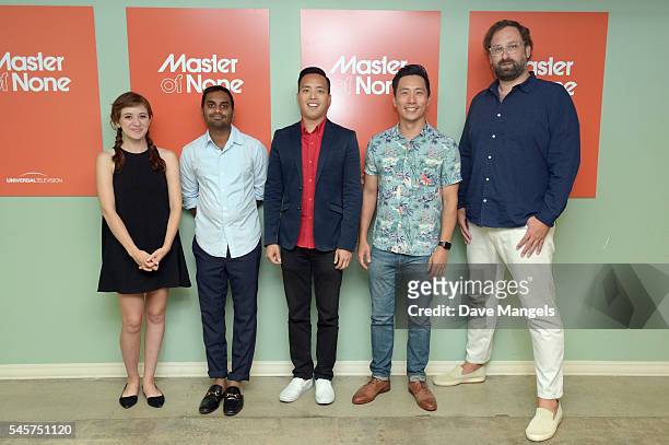 Actress Noel Wells, creator/actor Aziz Ansari, writer/executive producer Alan Yang, actors Kelvin Yu and Eric Wareheim attend FYC @ UCB for "Master...