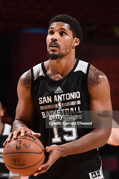 Jarnell Stokes of the San Antonio Spurs prepares to shoot a free throw against the Golden State Warriors during the 2016 NBA Las Vegas Summer League...