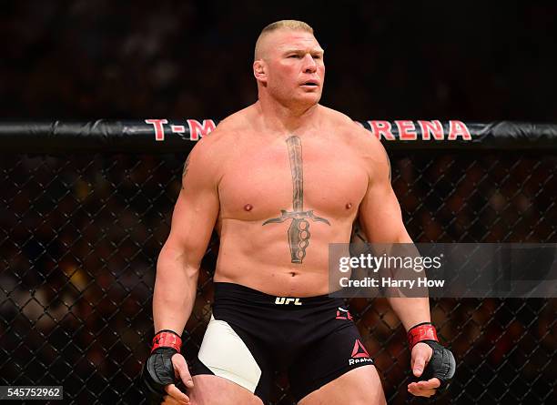 Brock Lesnar prepares to face Mark Hunt of New Zealand in their heavyweight bout during the UFC 200 event on July 9, 2016 at T-Mobile Arena in Las...