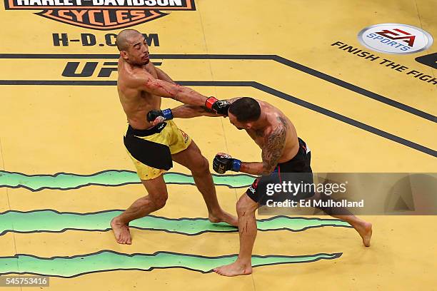 An overhead view of the Octagon as Frankie Edgar punches Jose Aldo of Brazil during the UFC 200 event on July 9, 2016 at T-Mobile Arena in Las Vegas,...