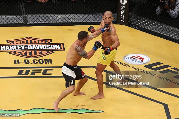 An overhead view of the Octagon as Frankie Edgar punches Jose Aldo of Brazil during the UFC 200 event on July 9, 2016 at T-Mobile Arena in Las Vegas,...