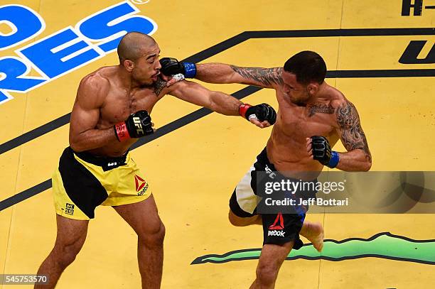 An overhead view of the Octagon as Jose Aldo of Brazil punches Frankie Edgar during the UFC 200 event on July 9, 2016 at T-Mobile Arena in Las Vegas,...