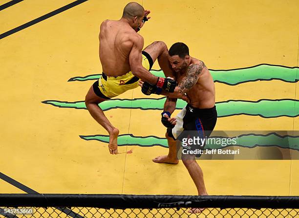 An overhead view of the Octagon as Jose Aldo of Brazil knees Frankie Edgar during the UFC 200 event on July 9, 2016 at T-Mobile Arena in Las Vegas,...