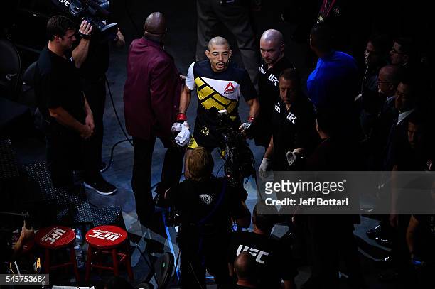 Jose Aldo of Brazil prepares to face Frankie Edgar during the UFC 200 event on July 9, 2016 at T-Mobile Arena in Las Vegas, Nevada.