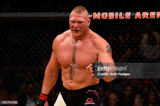 Brock Lesnar prepares for round two against Mark Hunt of New Zealand in their heavyweight bout during the UFC 200 event on July 9, 2016 at T-Mobile...