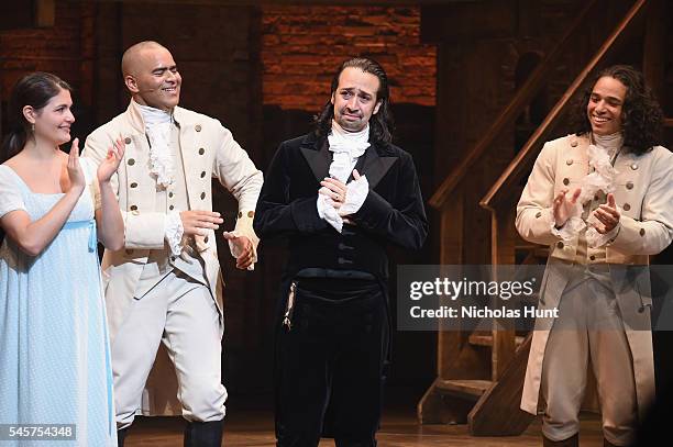 Phillipa Soo, Christopher Jackson, Lin-Manuel Miranda and Anthony Ramos attend Lin-Manuel Miranda's final performance of "Hamilton" on Broadway at...