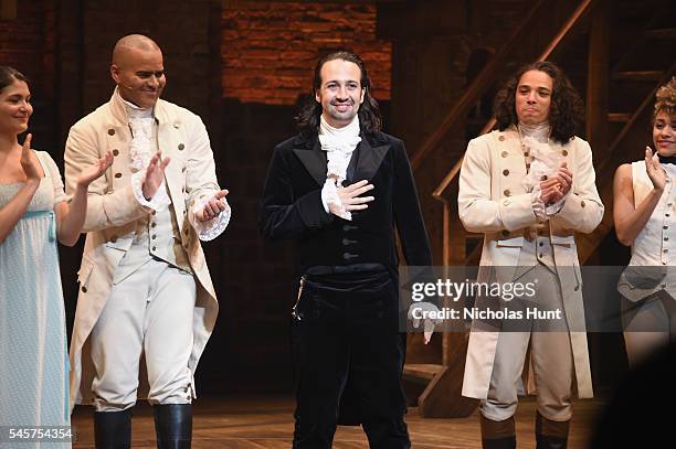 Phillipa Soo, Christopher Jackson, Lin-Manuel Miranda and Anthony Ramos attend Lin-Manuel Miranda's final performance of "Hamilton" on Broadway at...