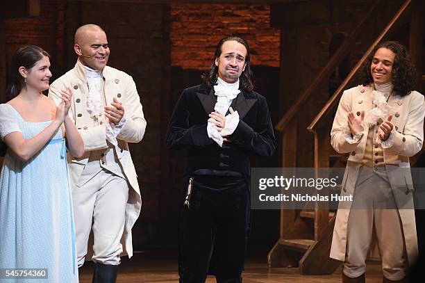 Phillipa Soo, Christopher Jackson, Lin-Manuel Miranda and Anthony Ramos attend Lin-Manuel Miranda's final performance of "Hamilton" on Broadway at...