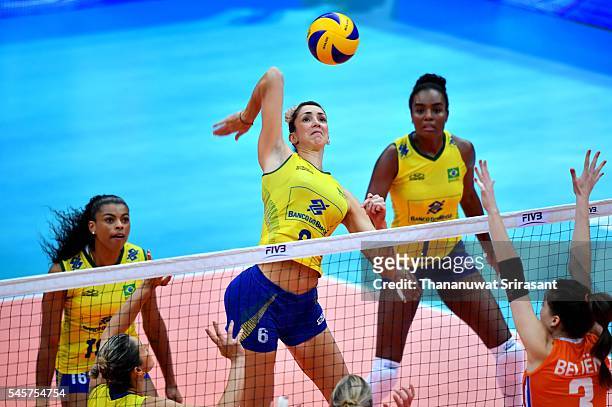 Thaisa Menezes of Brazil hits the ball during day four of the FIVB World Grand Prix Group 1 Final on July 9, 2016 in Bangkok, Thailand.