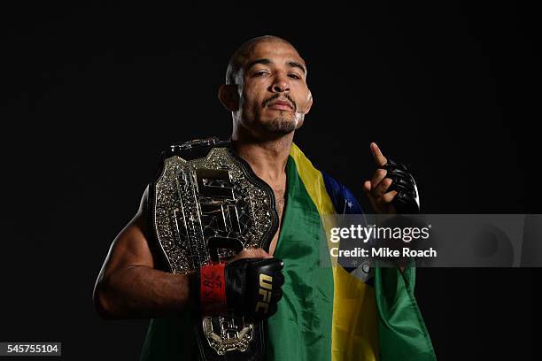 Jose Aldo of Brazil poses for a portrait backstage during the UFC 200 event on July 9, 2016 at T-Mobile Arena in Las Vegas, Nevada.