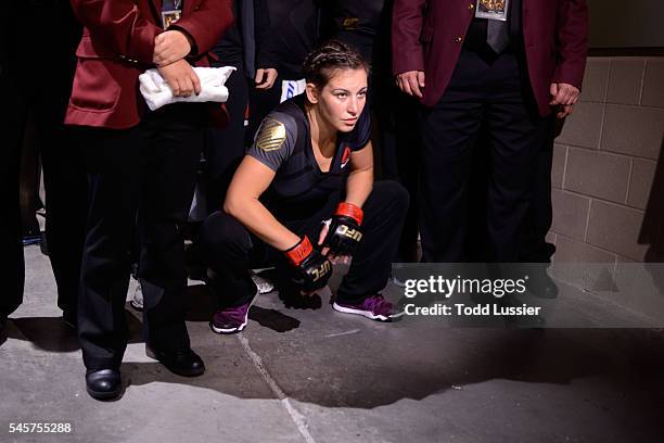 Miesha Tate walks to the Octagon to face Amanda Nunes of Brazil during the UFC 200 event on July 9, 2016 at T-Mobile Arena in Las Vegas, Nevada.