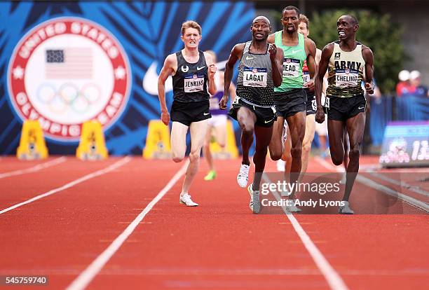 Bernard Lagat, first place, Hassan Mead, second place, and Paul Chelimo, third place, race to the finishline in the Men's 5000 Meter Final during the...