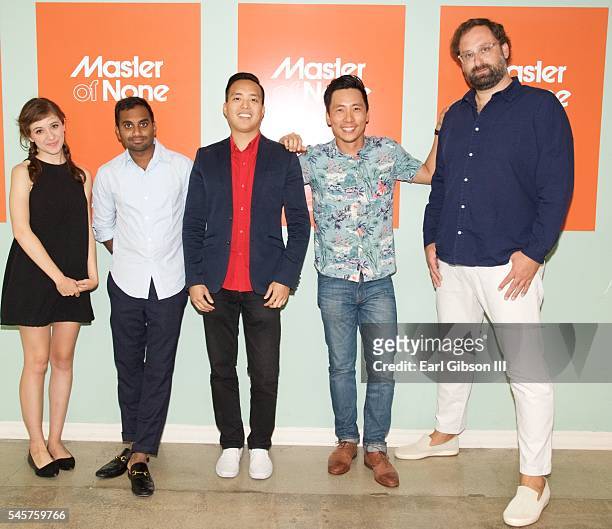 Actors Noel Wells, Aziz Ansari, Alan Yang, Kelvin Yu and Eric Wareheim attend FYC @ UCB For "Master Of None" at UCB Sunset Theater on July 9, 2016 in...