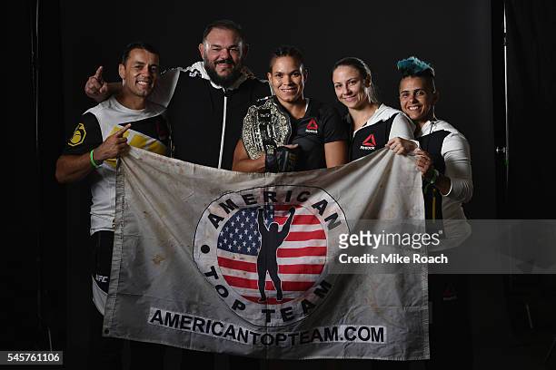 Amanda Nunes poses for a portrait backstage during the UFC 200 event on July 9, 2016 at T-Mobile Arena in Las Vegas, Nevada.