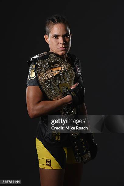 Amanda Nunes poses for a portrait backstage during the UFC 200 event on July 9, 2016 at T-Mobile Arena in Las Vegas, Nevada.