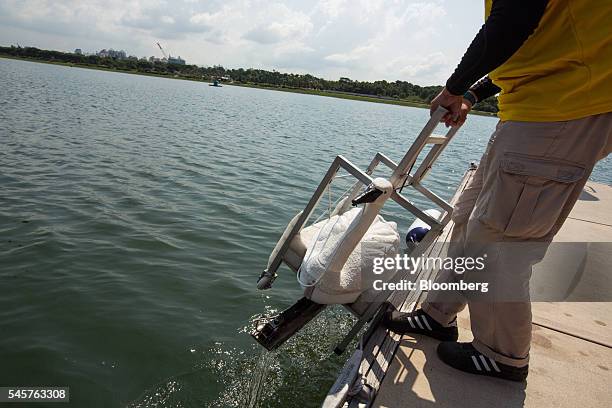 Man removes from the marina a SWAN, an autonomous floating robot robotic platform designed to monitor water quality in reservoirs, during the media...