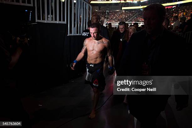 Frankie Edgar leaves the Octagon after losing to Jose Aldo during UFC 200 at T-Mobile Arena on July 9, 2016 in Las Vegas, Nevada.