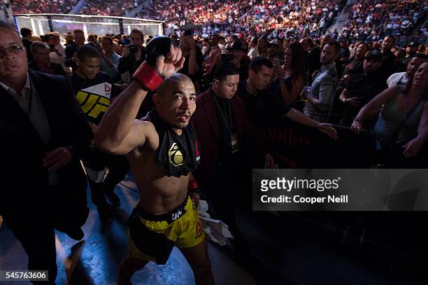 Jose Aldo celebrates after defeating Frankie Edgar during UFC 200 at T-Mobile Arena on July 9, 2016 in Las Vegas, Nevada.