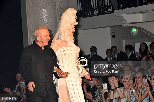 Jean Paul Gaultier and a model walk the runway during the Jean-Paul Gaultier Haute Couture Fall/Winter 2016-2017 show as part of Paris Fashion Week...