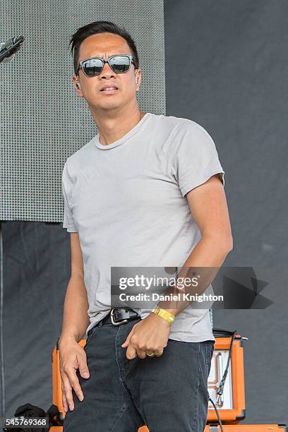 Musician Jerome Fontamillas of Switchfoot performs on stage at Moonlight Beach on July 9, 2016 in Encinitas, California.