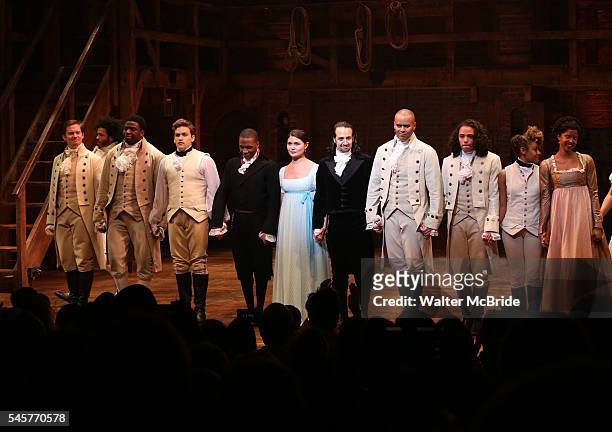 Leslie Odom Jr., Phillipa Soo and Ariana DeBose with Lin-Manuel Miranda with the cast during their final performance curtain call of 'Hamilton' on...