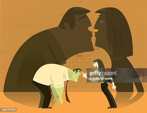 stockillustraties, clipart, cartoons en iconen met woman blaming businessman - aggressive kissing