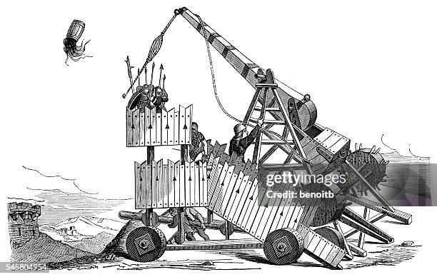 catapulting a barrel on fire - catapult stock illustrations