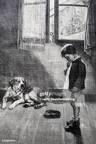 naughty boy with dog - paris window stock illustrations