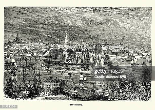 stockholm, sweden in the 19th century - stockholm port stock illustrations