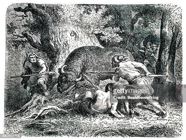 pre historic hunting party  as seen in end 19th century - prehistoric era stock illustrations