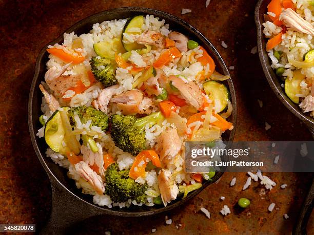 chicken and vegetable fried rice - white rice stock pictures, royalty-free photos & images