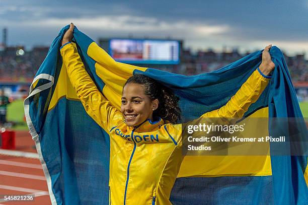 Meraf Bahta of Sweden happy over her second place and silver medal after the women's 5000m finals at the Olympic Stadium during Day Four of the 23rd...