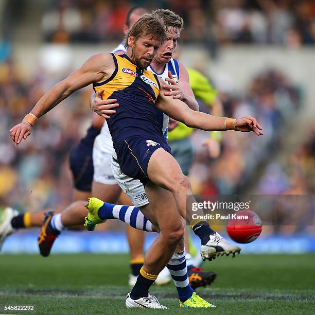 Mark LeCras of the Eagles gets his kick away during the round 16 AFL match between the West Coast Eagles and the North Melbourne Kangaroos at Domain...