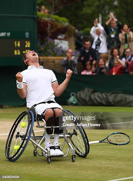 Gordon Reid of Great Britain celebrates victory during the Men's Wheelchair singles final against Stefan Olsson of Sweden on day thirteen of the...