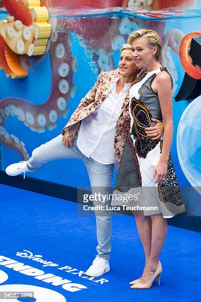 Ellen DeGeneres and Portia de Rossi arrives for the UK Premiere of "Finding Dory" at Odeon Leicester Square on July 10, 2016 in London, England.
