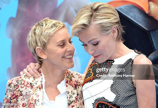 Ellen DeGeneres and Portia de Rossi attend the UK Premiere of "Finding Dory" at Odeon Leicester Square on July 10, 2016 in London, England.