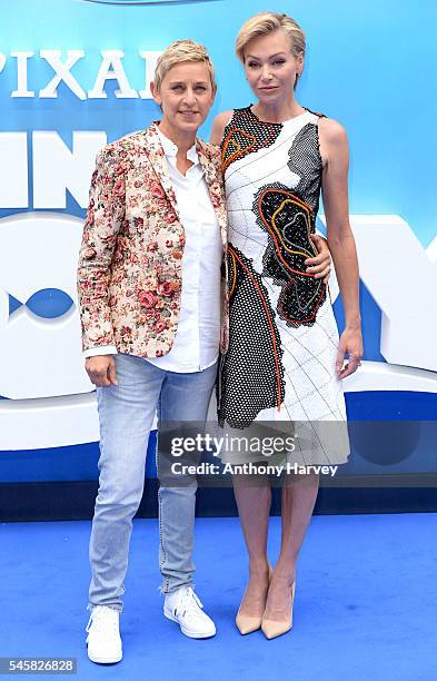 Ellen DeGeneres and Portia de Rossi attend the UK Premiere of "Finding Dory" at Odeon Leicester Square on July 10, 2016 in London, England.