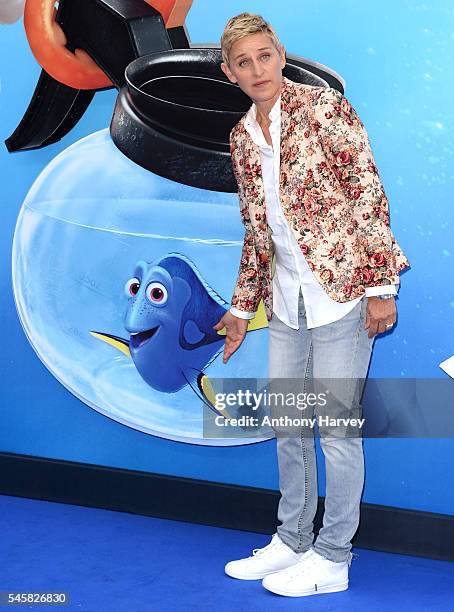 Ellen DeGeneres attends the UK Premiere of "Finding Dory" at Odeon Leicester Square on July 10, 2016 in London, England.