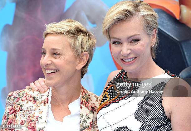 Ellen DeGeneres and Portia de Rossi attend the UK Premiere of "Finding Dory" at Odeon Leicester Square on July 10, 2016 in London, England.