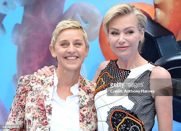 Ellen DeGeneres and Portia de Rossi attend the UK Premiere of "Finding Dory" at Odeon Leicester Square on July 10, 2016 in London, England.