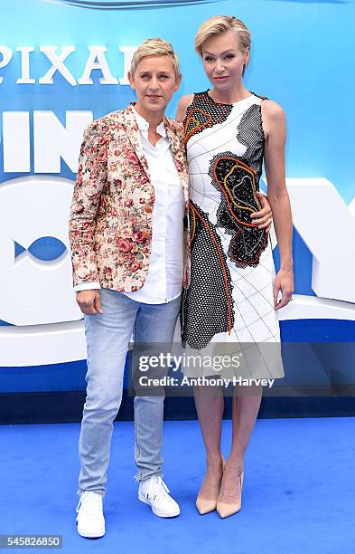 Ellen DeGeneres and Portia de Rossi attend the UK Premiere of "Finding Dory" at Odeon Leicester Square on July 10, 2016 in London, England.