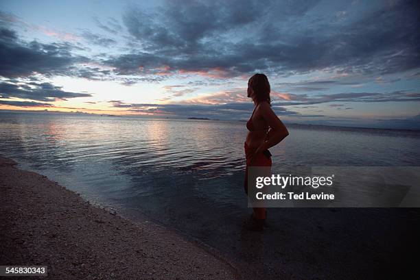 woman at the ocean at sunset on beachcomber island - beachcomber island stock pictures, royalty-free photos & images