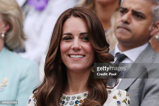 Catherine, HRH The Duchess of Cambridge looks on prior to the Men's Singles Final match between Andy Murray of Great Britain and Milos Raonic of...